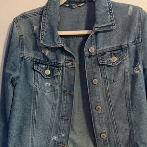 Distressed Light Blue Denim Jacket thrashed, Y2K  Button Up